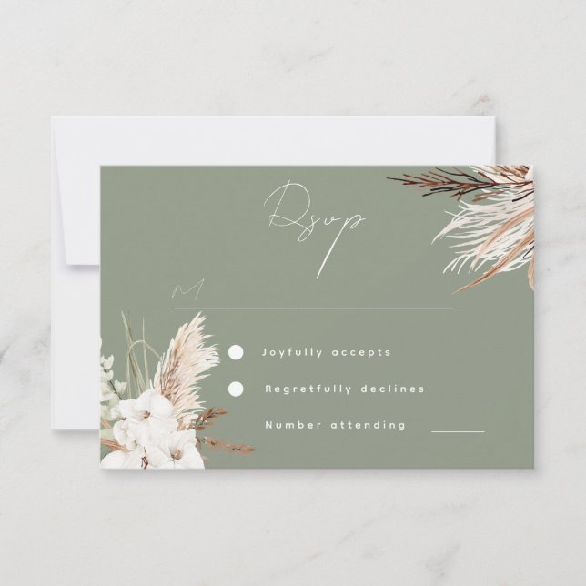 Tarjeta De Confirmación De Asistencia Boda floral blanca del boho verde sabio moderno (Anverso)