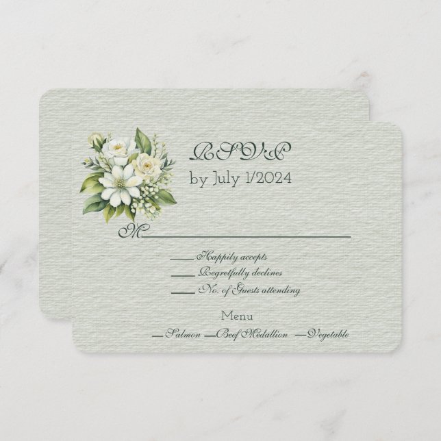 Tarjeta De Confirmación De Asistencia Boda Floral Blanca Verde Bouquet (Anverso / Reverso)