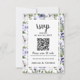 Tarjeta De Confirmación De Asistencia Boda floral blanco moderno Periwinkle Código QR