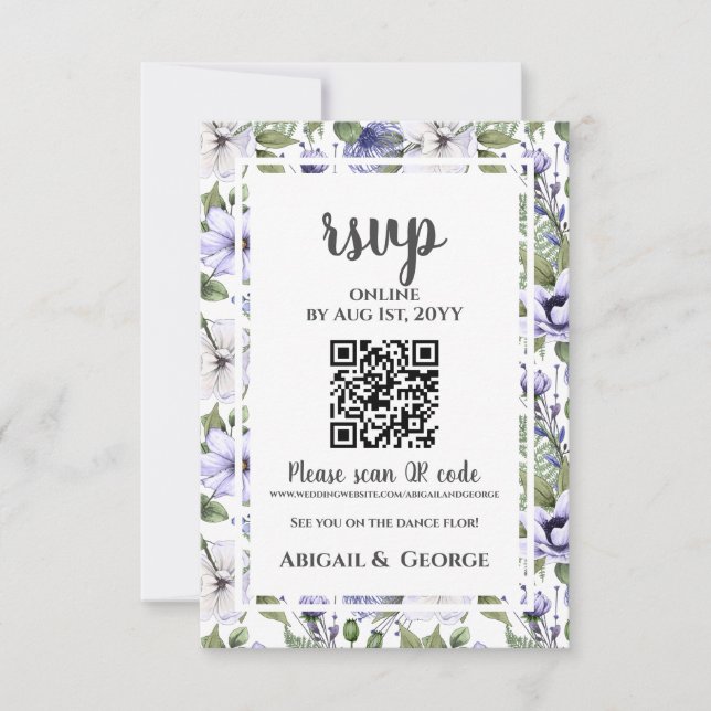 Tarjeta De Confirmación De Asistencia Boda floral blanco moderno Periwinkle Código QR (Anverso)