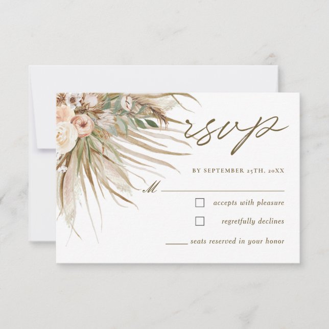 Tarjeta De Confirmación De Asistencia Boda floral bohemio de hierba de pampas (Anverso)