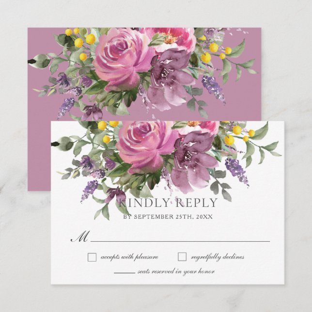 Tarjeta De Confirmación De Asistencia Boda floral Boho Magenta Purple Pink Mauve (Anverso / Reverso)