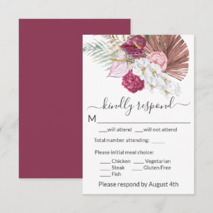 Tarjeta De Confirmación De Asistencia Boda floral boho orquídeas blancas rubor borgoña