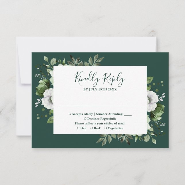 Tarjeta De Confirmación De Asistencia Boda floral botánica elegante verde esmeralda (Anverso)