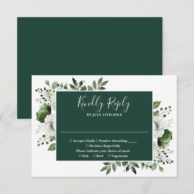 Tarjeta De Confirmación De Asistencia Boda floral botánica elegante verde esmeralda (Anverso / Reverso)