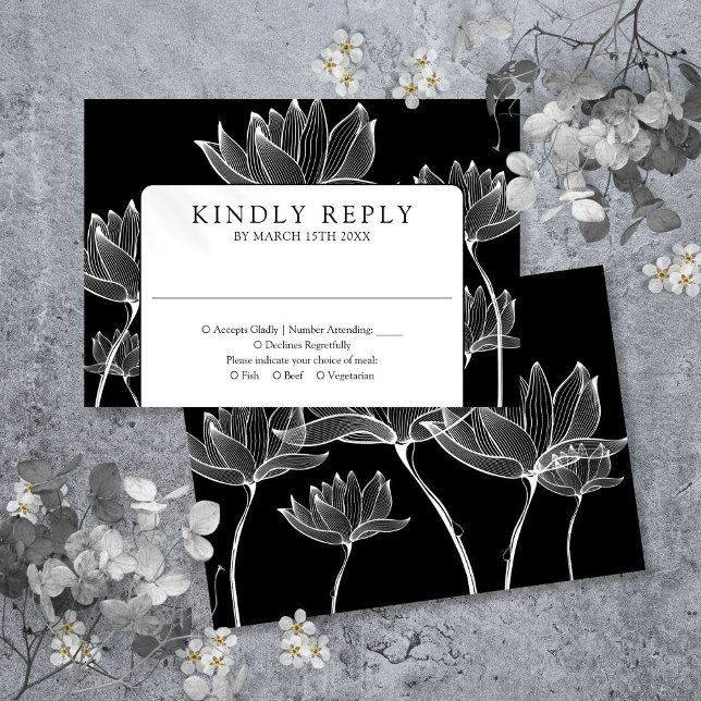 Tarjeta De Confirmación De Asistencia Boda floral botánica moderna en blanco y negro (Black And White Modern Botanical Floral Wedding RSVP Card)