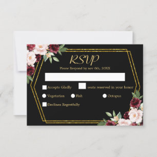 Tarjeta De Confirmación De Asistencia Boda Floral Burgundy Rústica Negra y Dorada