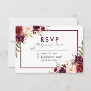 Tarjeta De Confirmación De Asistencia Boda Floral Burgundy Silver