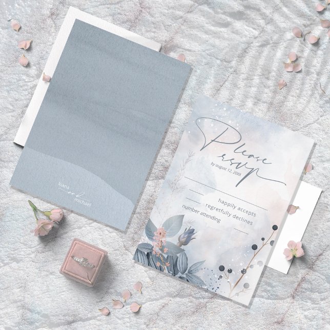 Tarjeta De Confirmación De Asistencia Boda floral caligrafía Dusty Blue ID771 (Subido por el creador)