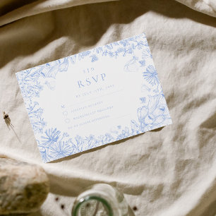 Tarjeta De Confirmación De Asistencia Boda Floral Clásica Francesa Azul Blanco