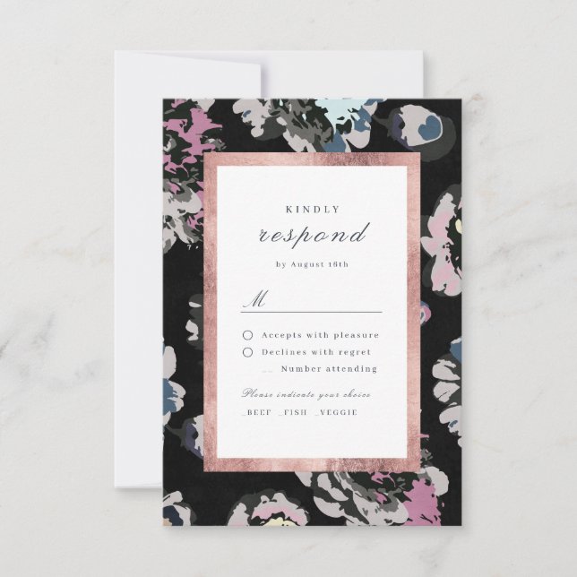 Tarjeta De Confirmación De Asistencia Boda floral clásico negro abstracto moderno (Anverso)
