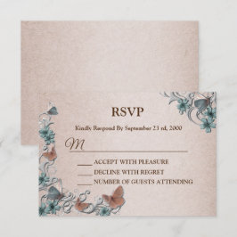 Tarjeta De Confirmación De Asistencia Boda Floral Cobre Mariposa Plateada Verdeazul Marr
