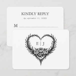 Tarjeta De Confirmación De Asistencia Boda Floral Corazón Blanco Negro Moderno Dibujado
