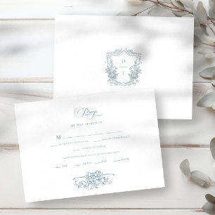 Tarjeta De Confirmación De Asistencia Boda floral de arte de línea azul polvorienta romá