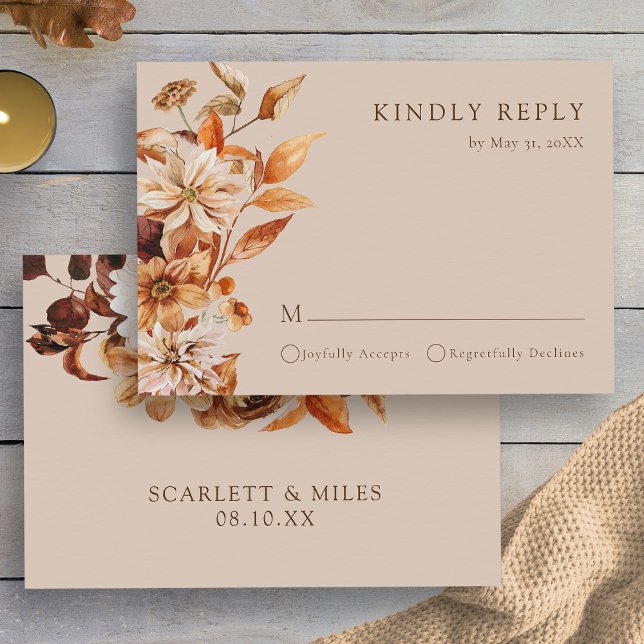Tarjeta De Confirmación De Asistencia Boda Floral de Autumn Taupe (Elegant Autumn Taupe Floral Wedding RSVP Card by Painted Paperie
)