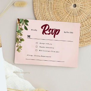 Tarjeta De Confirmación De Asistencia Boda floral de borgoña y rubor malhumorado