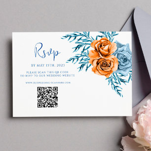 Tarjeta De Confirmación De Asistencia Boda floral de código QR moderno de óxido índigo