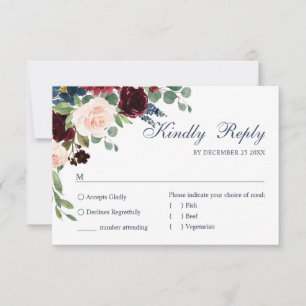 Tarjeta De Confirmación De Asistencia Boda floral de color de agua azul de la Marina de 