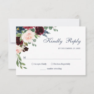Tarjeta De Confirmación De Asistencia Boda floral de color de agua azul de la Marina de 