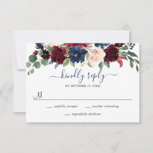 Tarjeta De Confirmación De Asistencia Boda floral de color de agua azul de la Marina de 