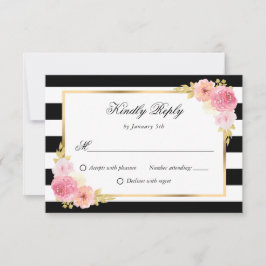 Tarjeta De Confirmación De Asistencia Boda floral de color rosa dorado blanco negro