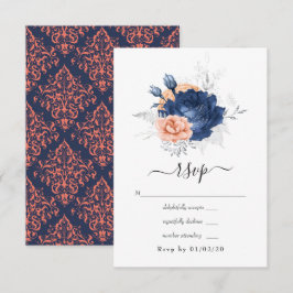 Tarjeta De Confirmación De Asistencia Boda floral de coral, azul marino y plata