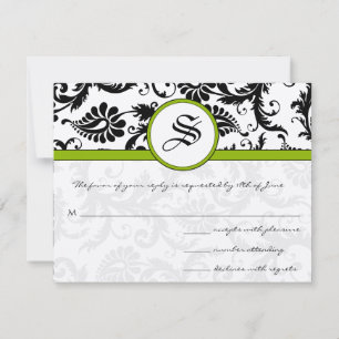 Tarjeta De Confirmación De Asistencia Boda Floral de Damasco en Blanco y Negro
