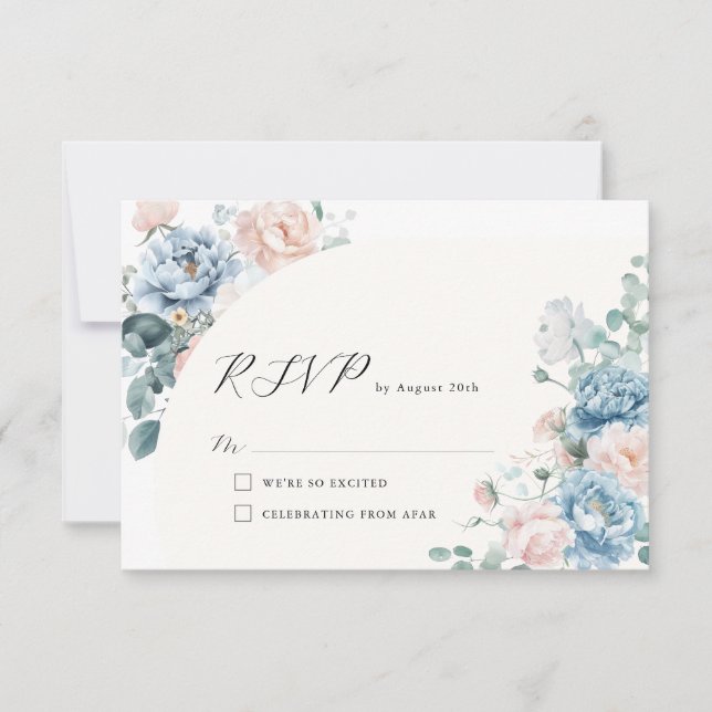 Tarjeta De Confirmación De Asistencia Boda floral de durazno azul geométrico (Anverso)
