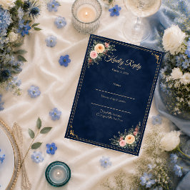 Tarjeta De Confirmación De Asistencia Boda floral de esquina en elegante azul marino