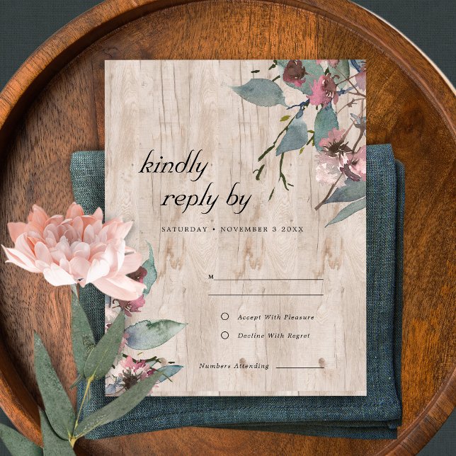 Tarjeta De Confirmación De Asistencia Boda floral de eucaliptos rosados rojos de madera  (Subido por el creador)