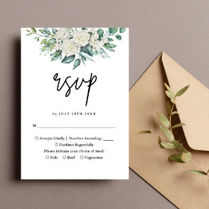 Tarjeta De Confirmación De Asistencia Boda floral de follaje de rosa blanca elegante