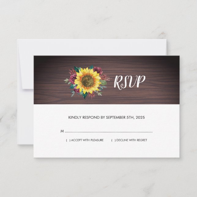 Tarjeta De Confirmación De Asistencia Boda floral de madera de girasol rústico (Anverso)