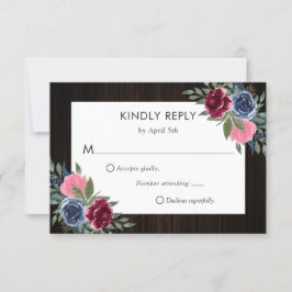 Tarjeta De Confirmación De Asistencia Boda floral de madera rosa azul de la Marina de Bo