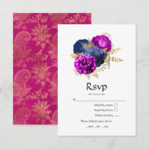 Boda floral de magenta, azul marino y dorado