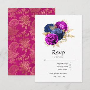 Tarjeta De Confirmación De Asistencia Boda floral de magenta, azul marino y dorado