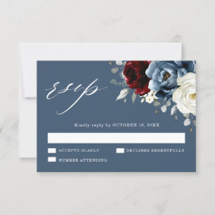 Tarjeta De Confirmación De Asistencia Boda Floral de marfil blanco de borgoña azul pizar