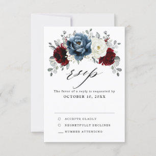 Tarjeta De Confirmación De Asistencia Boda floral de marfil blanco de borgoña azul pizar