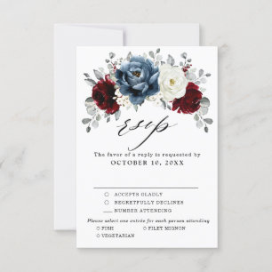 Tarjeta De Confirmación De Asistencia Boda floral de marfil blanco de borgoña azul pizar