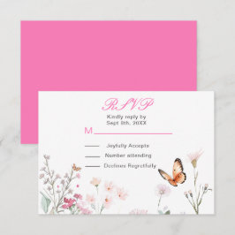 Tarjeta De Confirmación De Asistencia Boda floral de mariposa rosa profunda de primavera