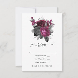 Tarjeta De Confirmación De Asistencia Boda floral de Marsala, negro y plata
