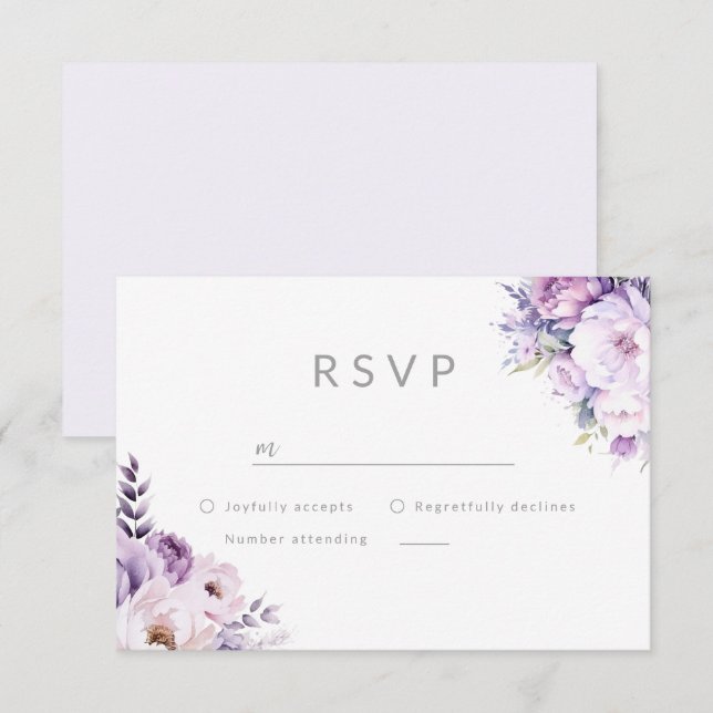 Tarjeta De Confirmación De Asistencia Boda floral de niebla de lavanda morada (Anverso / Reverso)
