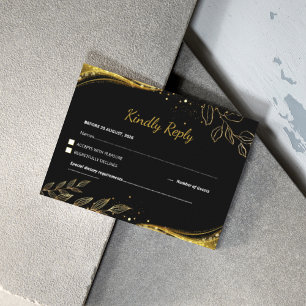 Tarjeta De Confirmación De Asistencia Boda floral de oro negro moderno de lujo