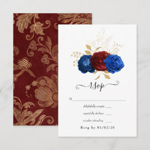 Tarjeta De Confirmación De Asistencia Boda floral de oro, rojo y azul marino