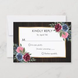 Tarjeta De Confirmación De Asistencia Boda floral de oro rosa azul de la Marina Borgoña