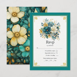 Tarjeta De Confirmación De Asistencia Boda floral de oro y azul verdoso