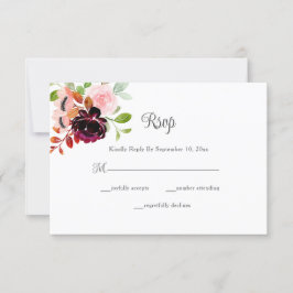 Tarjeta De Confirmación De Asistencia Boda floral de otoño de Rubor Burgundy Watercolor