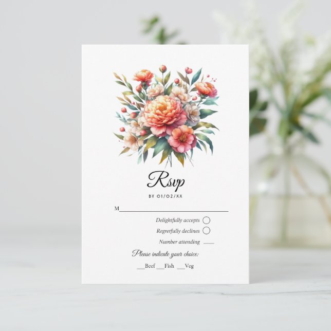 Tarjeta De Confirmación De Asistencia Boda Floral de Peach Fuzz (Anverso de pie)