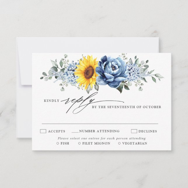 Tarjeta De Confirmación De Asistencia Boda floral de pijama azul turquesa de girasol (Anverso)