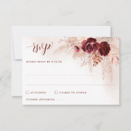 Tarjeta De Confirmación De Asistencia Boda floral de rosas borgoña con hierba de pampas