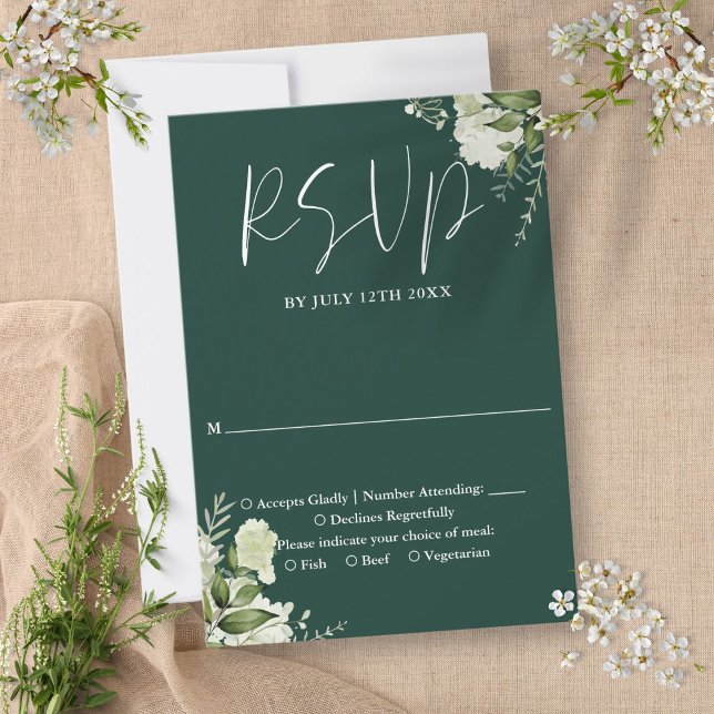Tarjeta De Confirmación De Asistencia Boda floral de verde esmeralda elegante (Elegant Emerald Greenery Floral Wedding RSVP Card)